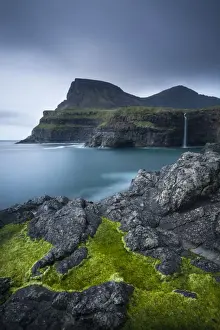 Vagar Prints: Dramatic coastline and waterfall at Gasadalur on the Island of Vagar, Faroe Islands