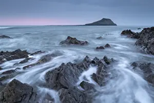 Gower Prints: Dramatic seascape looking towards Worms Head on the Gower Peninsula