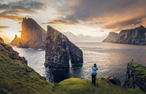 Images Dated 12th August 2021: Drangarnir and Tindholmur at sunset. Vagar, Faroe Islands
