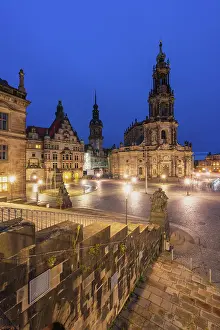 Saxony Prints: Dresden Cathedral and Dresden Castle at Schlossplatz at twilight, Dresden, Saxony, Germany