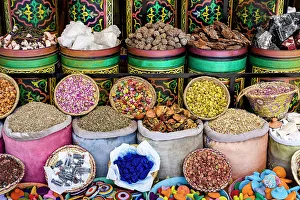 For Sale Prints: Dried flowers and herbs for sale in the traditional souk of medina, Marrakech, Morocco