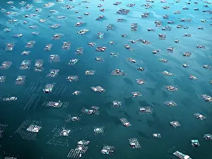 Floating Prints: Drone aerial view of a lobster farm, Vung Ro Bay, Phu Yen Province, Vietnam