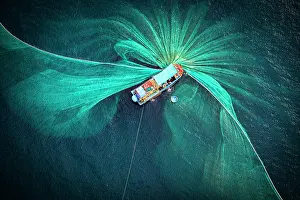 Straight Down Prints: Drone view of anchovy fishing boat with nets, Tuy An, Phu Yen Province, Vietnam