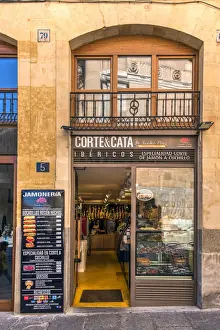 Speciality Prints: Drugstore selling Spanish ham and more local food specialities, Salamanca, Castile