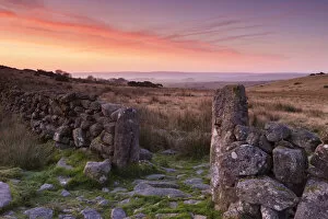Dry stone wall and open gateway through moorland at sunrise, Dartmoor, Devon, England