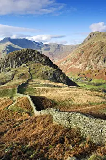 The Lakes Prints: Drystone wall winding across mountain ridge overlooking Great Langdale, Lake District