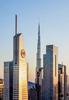 Images Dated 11th January 2018: Dubai International Financial Centre and Burj Khalifa at sunset, elevated view, Dubai