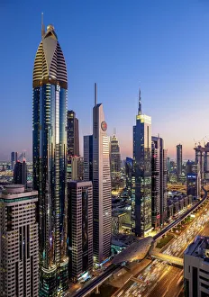 Images Dated 11th January 2018: Dubai International Financial Centre at dusk, elevated view, Dubai, United Arab Emirates