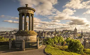 Carlton Hill Prints: Dugald Stewart Monument on Carlton Hill overlooking Edinburgh Old Town, City of Edinburgh