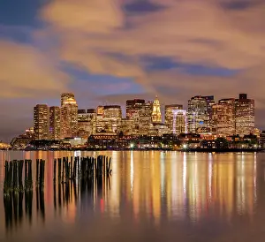 Scenic View Prints: Dusk over Boston Harbor with old pier pillars, Boston, Masschusetts, USA