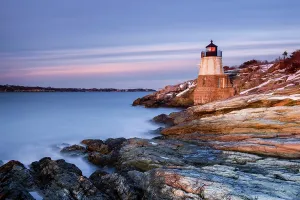 Newport Prints: Dusk over Castle Hill Lighthouse on Narragansett Bay, Newport, Rhode Island, USA