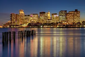 Habour Prints: Dusk over city of Boston with old pier pillars, Massachusetts, USA