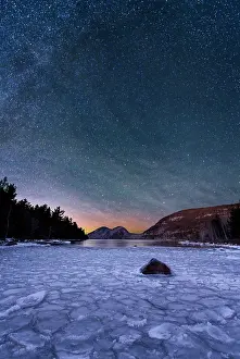 Starry Prints: Dusk over ice at Jordan Pond, Acadia National Park, Maine, USA