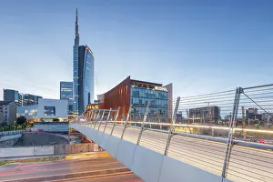 Roads Prints: Dusk on Passerella Gioia bridge, Piazza Gae Aulenti, Milan, Lombardy, Italy