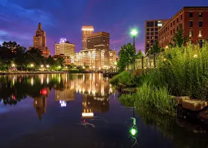 Rhode Island Prints: Dusk over Providence River with city reflection, Providence, Rhode Island, USA