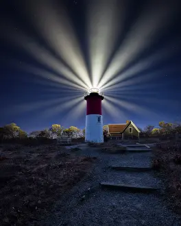 Cape Cod Prints: Dusk with rotating beam at Nauset Beach Lighthouse on Cape Cod