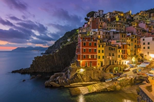 Riomaggiore Prints: Dusk view of the colorful sea village of Riomaggiore, Cinque Terre, Liguria, Italy