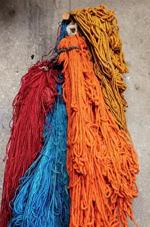 Dyed wool hanging on a wall, Dyer's Souk (Souk Teinturiers), Medina, Marrakech, Morocco