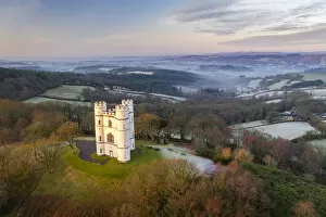 Early morning aerial image of Haldon Belvedere (Lawrence Castle), Devon, England