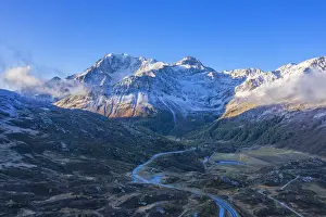 Wallis Prints: Early morning aerial view on Simplon pass and Fletschhorn, Valais, Switzerland