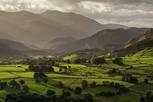 Keswick Prints: Early morning sunlight illuminates the rolling countryside near Keswick in the Lake