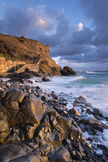 St Ives Prints: Early morning sunshine at Bamaluz Point, St Ives, Cornwall, England