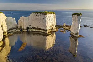 Studland Prints: Early morning sunshine lighting up Old Harry Rocks on the Jurassic Coast World Heritage