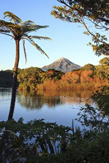 Mount Egmont Prints: Early morning view of Mount Taranaki from Lake Mangamahoe, New Plymouth, New Zealand
