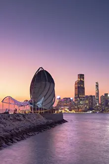 Contemporary Architecture Prints: East Coast Park Precinct, Victoria Harbour and Kowloon skyline at sunset, Hong Kong