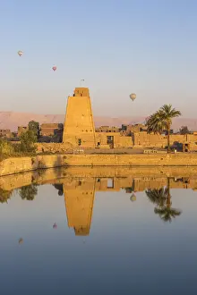 Early Morning Prints: Egypt, Luxor, Karnak Temple, Hot air balloons rise over the Sacred Lake