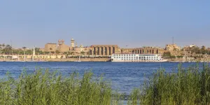 River Nile Prints: Egypt, Luxor, Nile cruise ship infront of Luxor temple