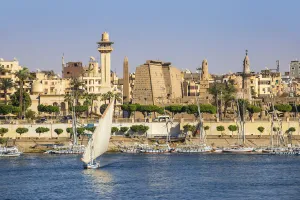 Felucca Prints: Egypt, Luxor, View of River Nile and Luxor temple