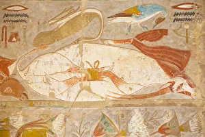 Images Dated 12th June 2017: Egypt, Luxor, West Bank, Deir Al Bahri, Reliefs in the Lower chapel of Anubis at the