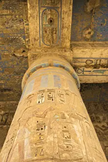 Egypt, Luxor, West Bank, The temple of Ramesses 111 at Medinet Habu, Columns in