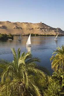 Images Dated 12th June 2017: Egypt, Upper Egypt, Aswan, Elephantine Island, View of river Nile and Tombs of the