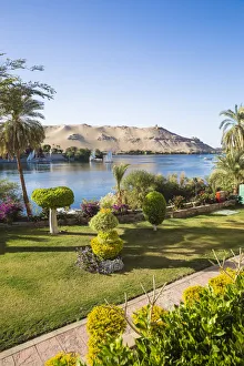 Egypt, Upper Egypt, Aswan, Elephantine Island, View of river Nile and Tombs of