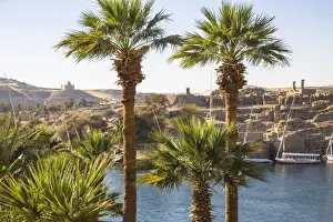 Egypt, Upper Egypt, Aswan, View towards Khnum ruins on Elephantine Island and Mausoleum
