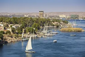 Egypt, Upper Egypt, Aswan, View of Movenpick Resort and River Nile