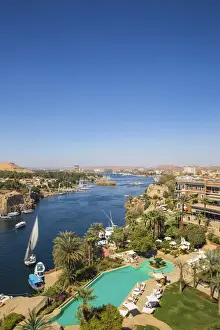 Egypt, Upper Egypt, Aswan, View of Sofitel Legend Old Cataract hotel and swimming