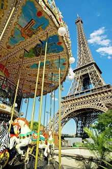 Eiffel Prints: Eiffel Tower and Carousel, summer, Paris, France