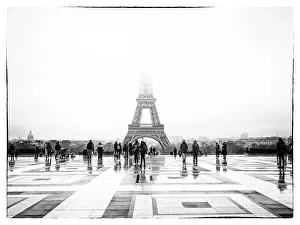 B And W Prints: The Eiffel Tower in the morning fog as seen from the observation deck at the Palais de