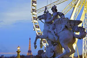 Big Wheel Prints: Eiffel Tower From Place De La Concorde With Big Wheel And Statue In Foreground, Paris