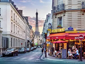 Eiffel Tower Prints: Eiffel Tower View and Cafe Le Recrutement, Invalides, Paris, Ile de France, France