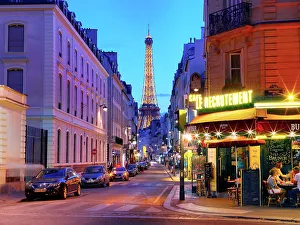 Paris Prints: Eiffel Tower View and Cafe Le Recrutement, Invalides, Paris, Ile de France, France