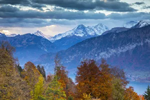 Eiger, Monch & Jungfrau mountains, above Lake Thun, Berner Oberland, Switzerland