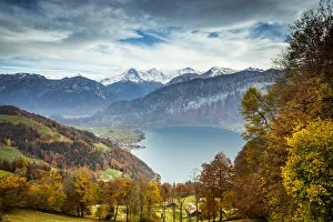 Eiger, Monch & Jungfrau mountains, above Lake Thun, Berner Oberland, Switzerland