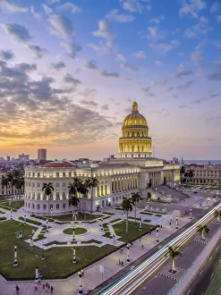 Paseo De Marti Prints: El Capitolio and Paseo del Prado at dusk, elevated view, Havana, La Habana Province, Cuba