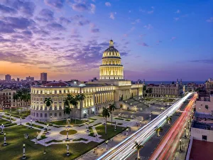 El Capitolio and Paseo del Prado at dusk, elevated view, Havana, La Habana Province, Cuba
