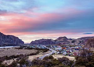 El Chalten at dawn, elevated view, Los Glaciares National Park, Santa Cruz Province