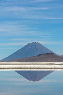 El Misti volcano reflected in a pool at salt flats, Salinas y Aguada Blanca National Reserve, Arequipa Province, Arequipa Region, Peru
